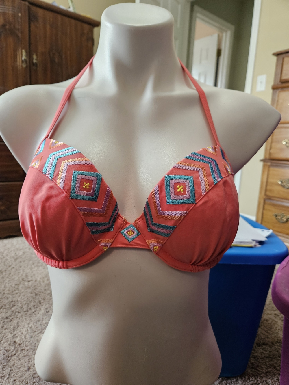 aerie Coral Embroidered Halter Bikini Top